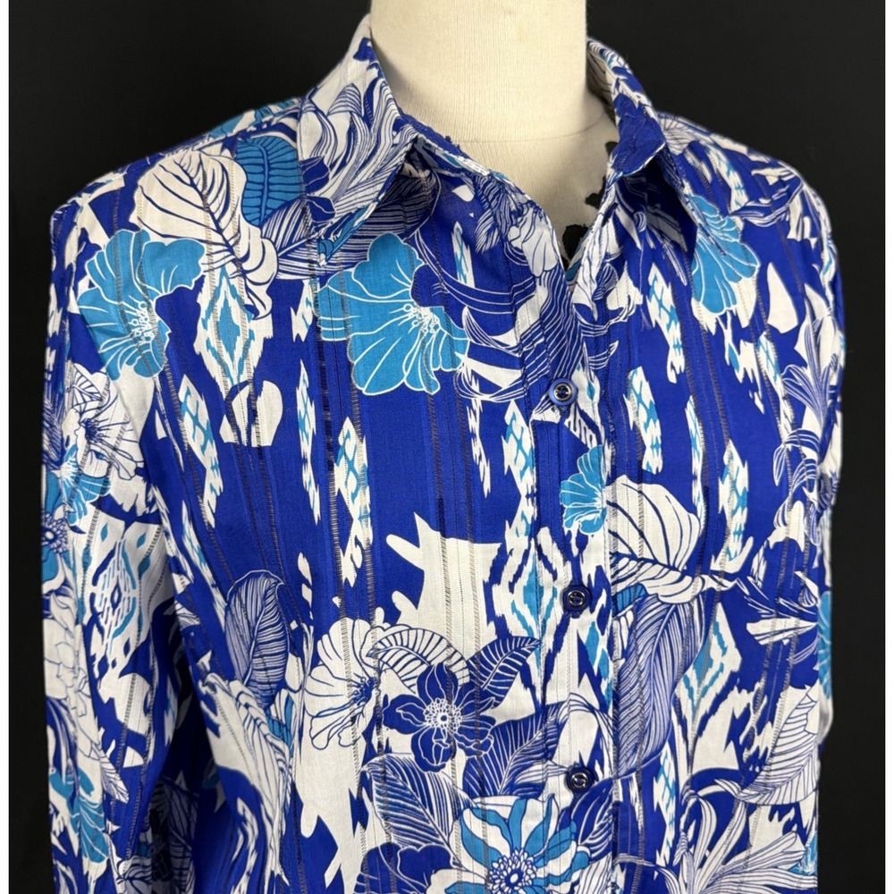 NWT Allison Daley Womens Shirt 14 Missy Tropical Button Up Blouse Cool Blues New